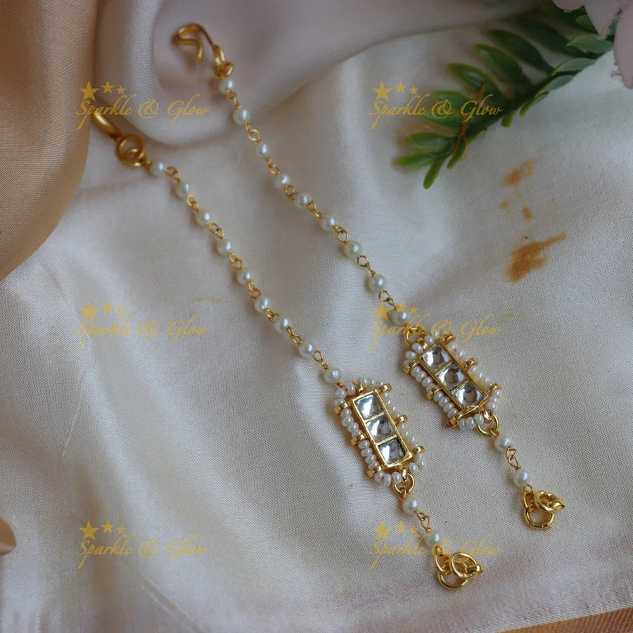 Stunning Rectangle Pachi Kundan Ear Chains with Pearl Edging - Sparkle and Glow