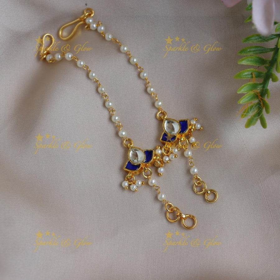 Sparkling Jadau Blue Enamel Kundan Ear Chains with Pearl Beads - Sparkle and Glow
