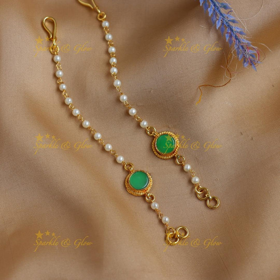 Elegant Jadau Kundan Pearl & Green Stone Ear Chain - Sparkle and Glow