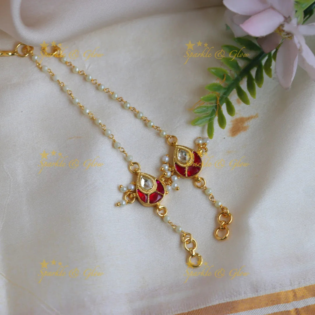 Stunning Jadau Kundan & Pearl Ear Chain with Red Meenakari - Sparkle and Glow