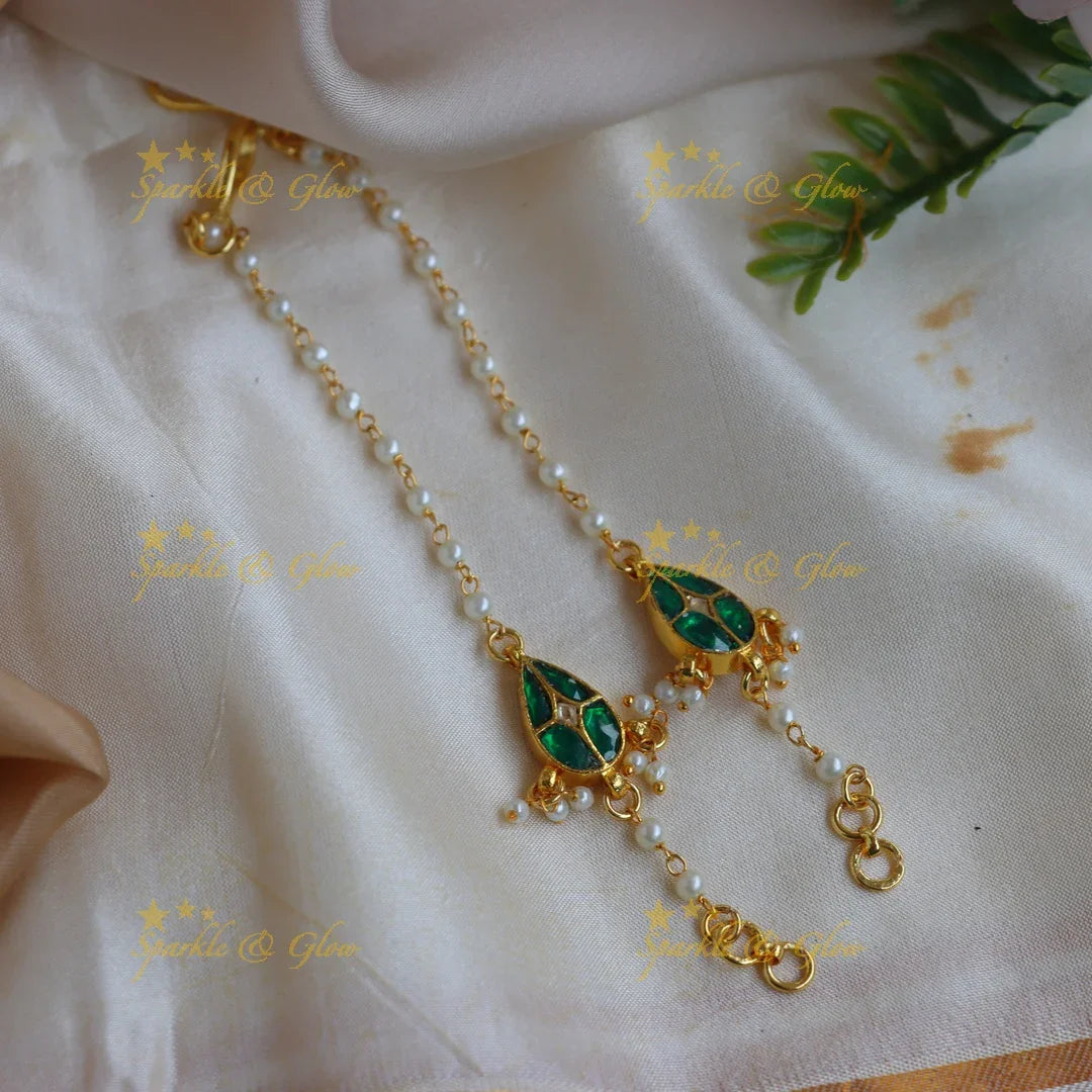 Stunning Green Meenakari Jadau Kundan Ear Chain with Pearls - Sparkle and Glow