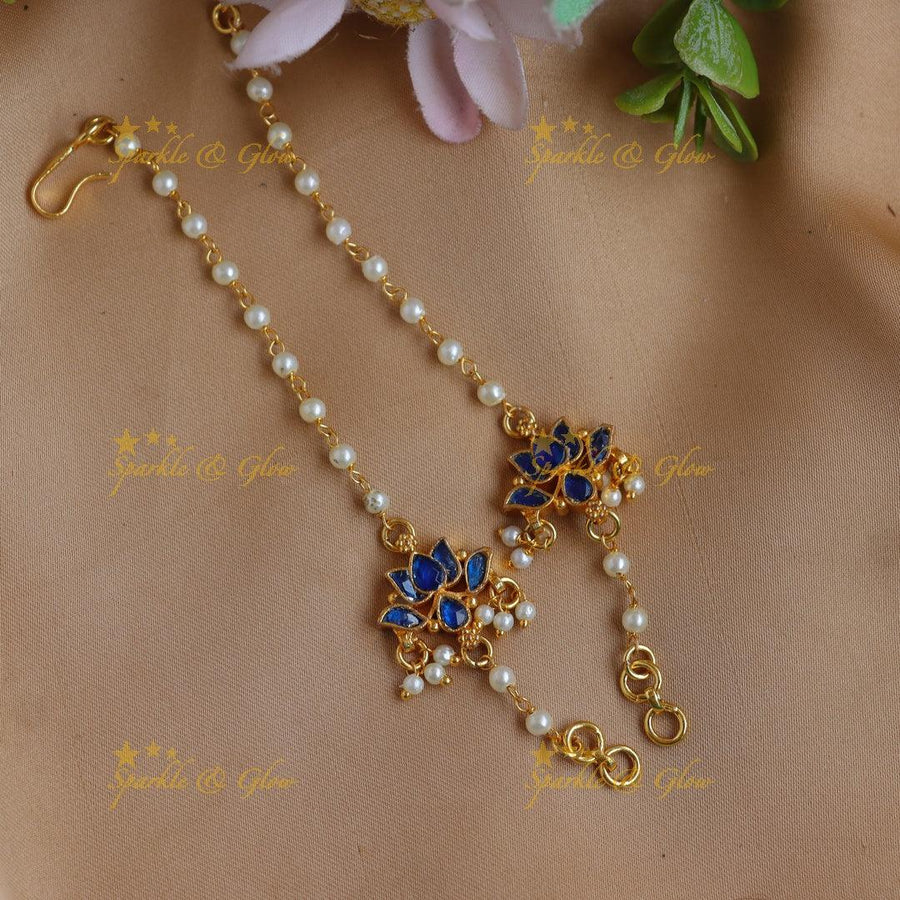 Elegant Jadau Kundan Blue Lotus Meenakari Ear Chain with Pearls - Sparkle and Glow