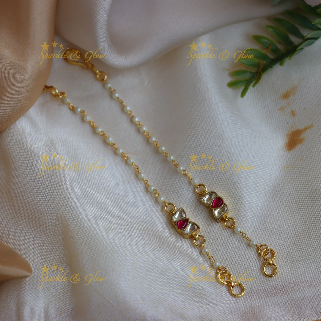 Gracious Jadau Dual Kundan Red Stone Ear Chain with Pearl Beading