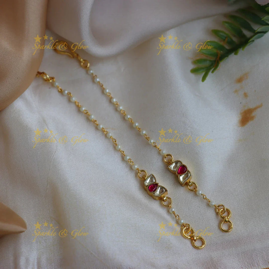 Gracious Jadau Dual Kundan Red Stone Ear Chain with Pearl Beading - Sparkle and Glow