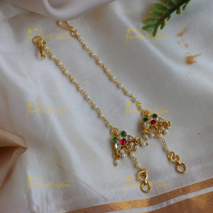 Stunning Jadau Multicolor Kundan & Pearl Ear Chain - Sparkle and Glow