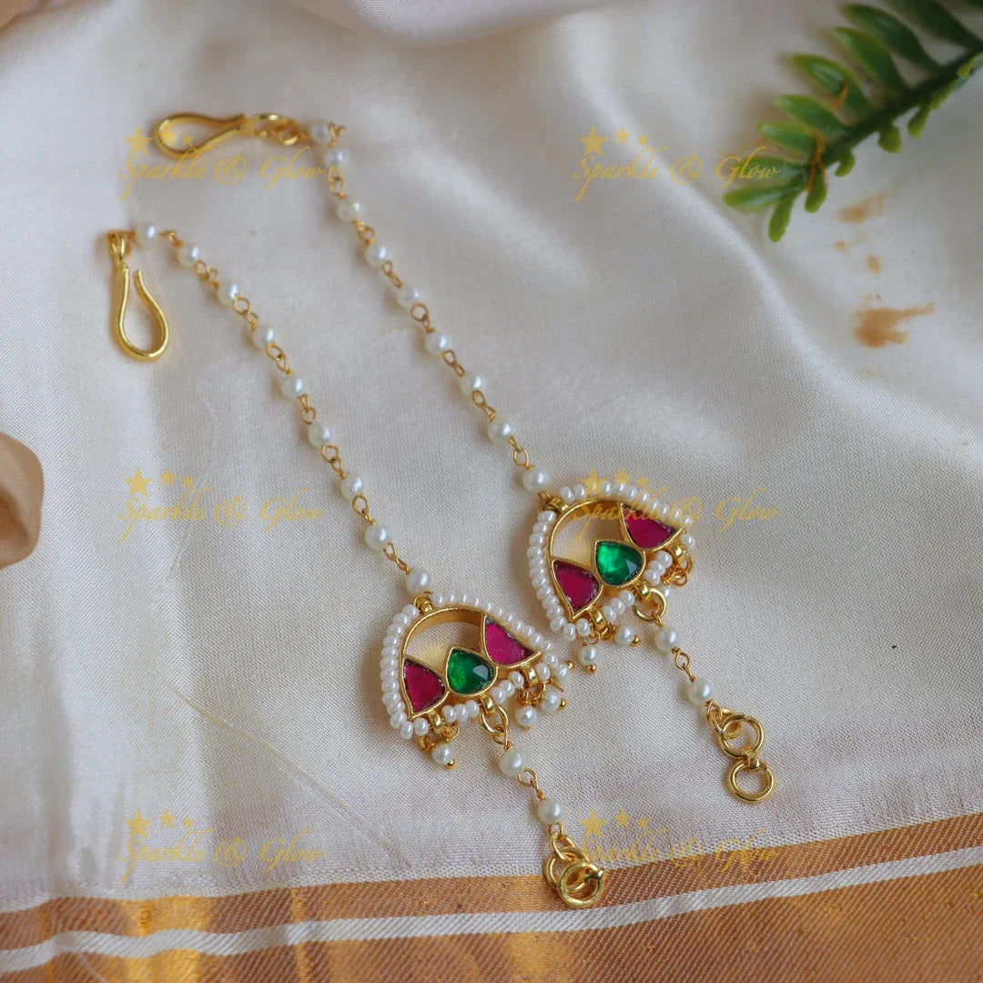 Elegant Jadau Kundan Semi-Fan Shaped Multicolor Meenakari Ear Chain with Pearls - Sparkle and Glow