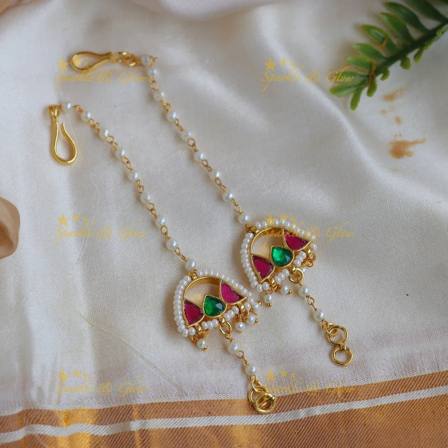 Elegant Jadau Kundan Semi-Fan Shaped Multicolor Meenakari Ear Chain with Pearls - Sparkle and Glow