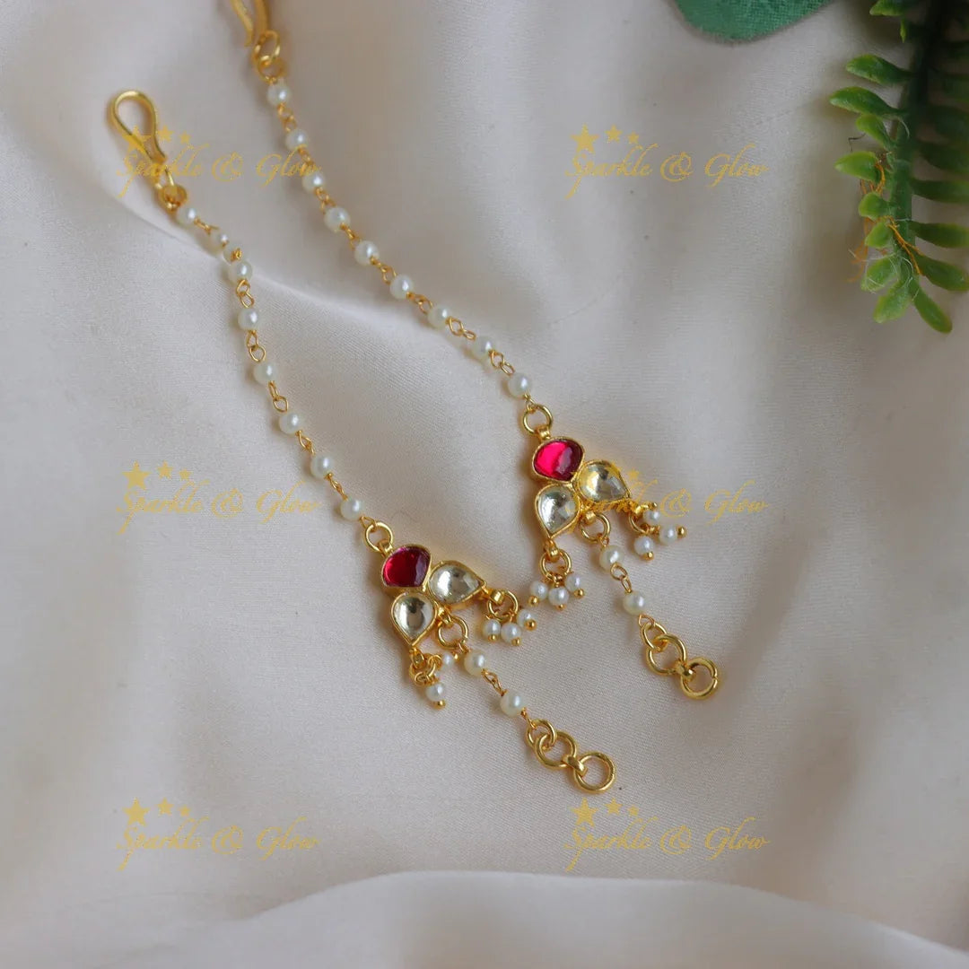 Stunning Jadau Kundan Heart Motif Kundan & Pearl Ear Chain with Red Stone - Sparkle and Glow