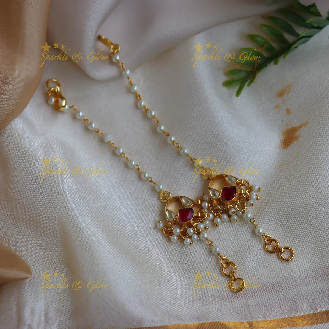 Beautiful Jadau Kundan Pearl Ear Chain with Red Stone Accent - Sparkle and Glow