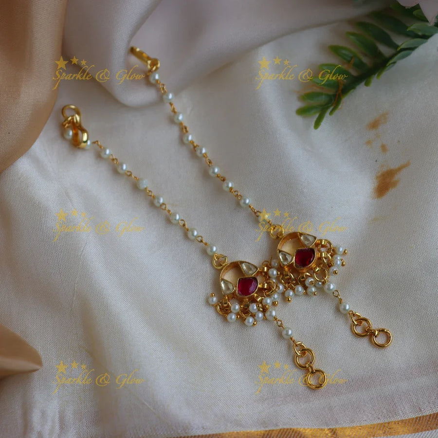 Beautiful Jadau Kundan Pearl Ear Chain with Red Stone Accent - Sparkle and Glow