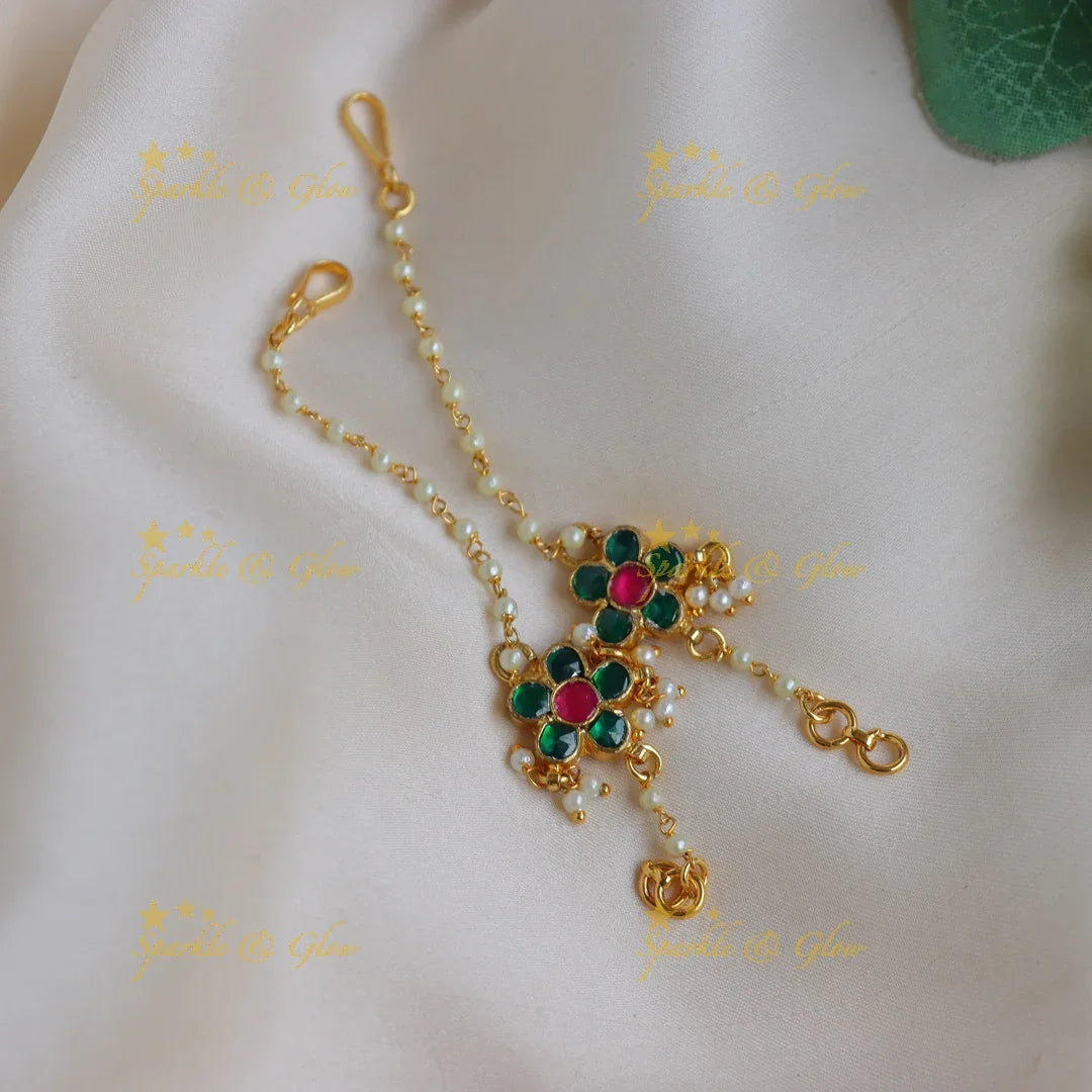 Elegant Jadau Kundan Floral Green & Pink Stone Ear Chain with Pearls - Sparkle and Glow
