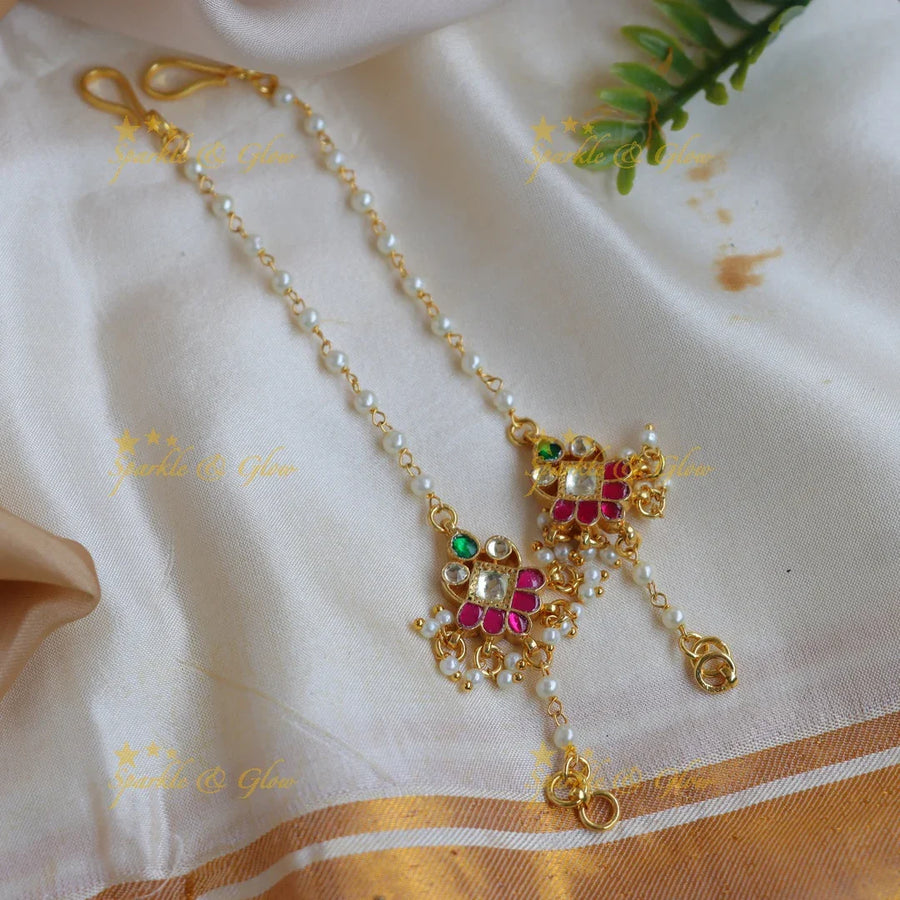 Stunning Jadau Floral Red & Green Kundan Pearl Ear Chain - Sparkle and Glow