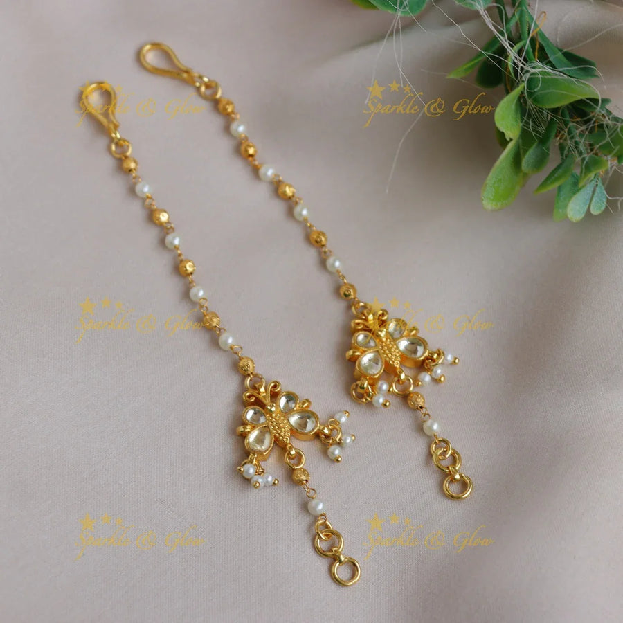 Elegant Jadau Butterfly design White Kundan & Pearl Ear Chain - Sparkle and Glow