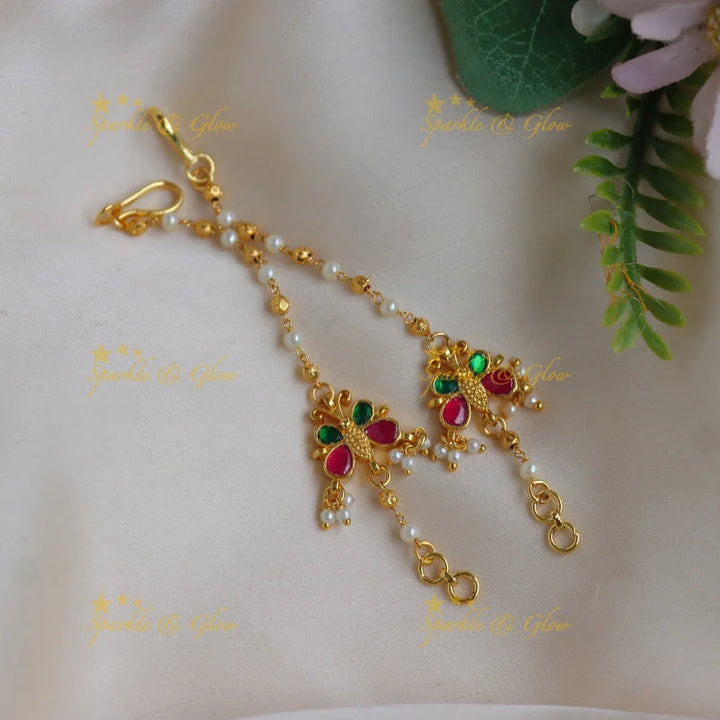 Elegant Jadau Butterfly design White Kundan & Pearl Ear Chain - Sparkle and Glow