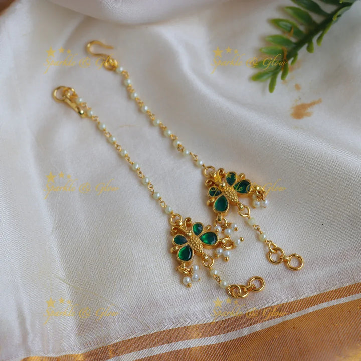 Elegant Jadau Butterfly design White Kundan & Pearl Ear Chain - Sparkle and Glow