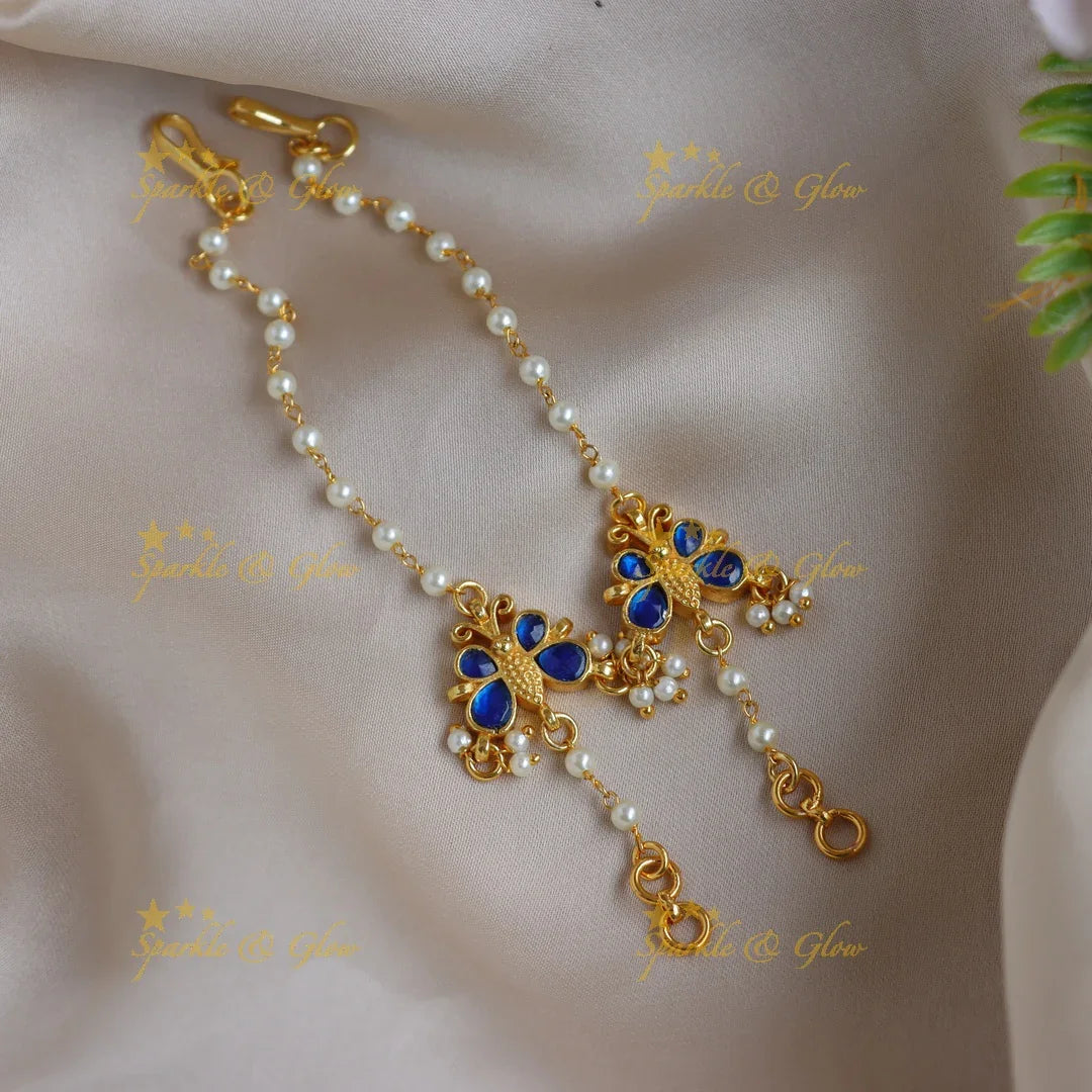 Elegant Jadau Butterfly design White Kundan & Pearl Ear Chain - Sparkle and Glow