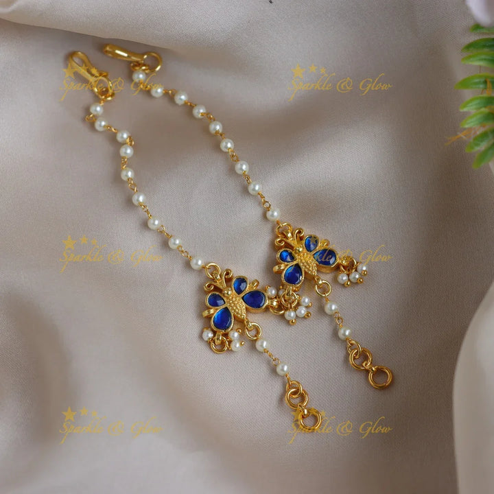 Elegant Jadau Butterfly design White Kundan & Pearl Ear Chain - Sparkle and Glow