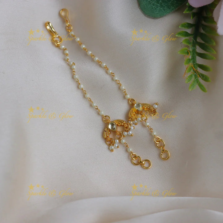 Classic Jadau Kundan Minimalist Pearl & White Stone Ear Chain - Sparkle and Glow