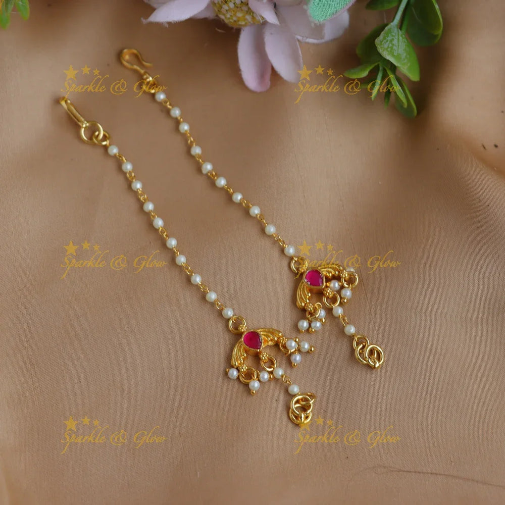 Classic Jadau Kundan Minimalist Pearl & White Stone Ear Chain - Sparkle and Glow