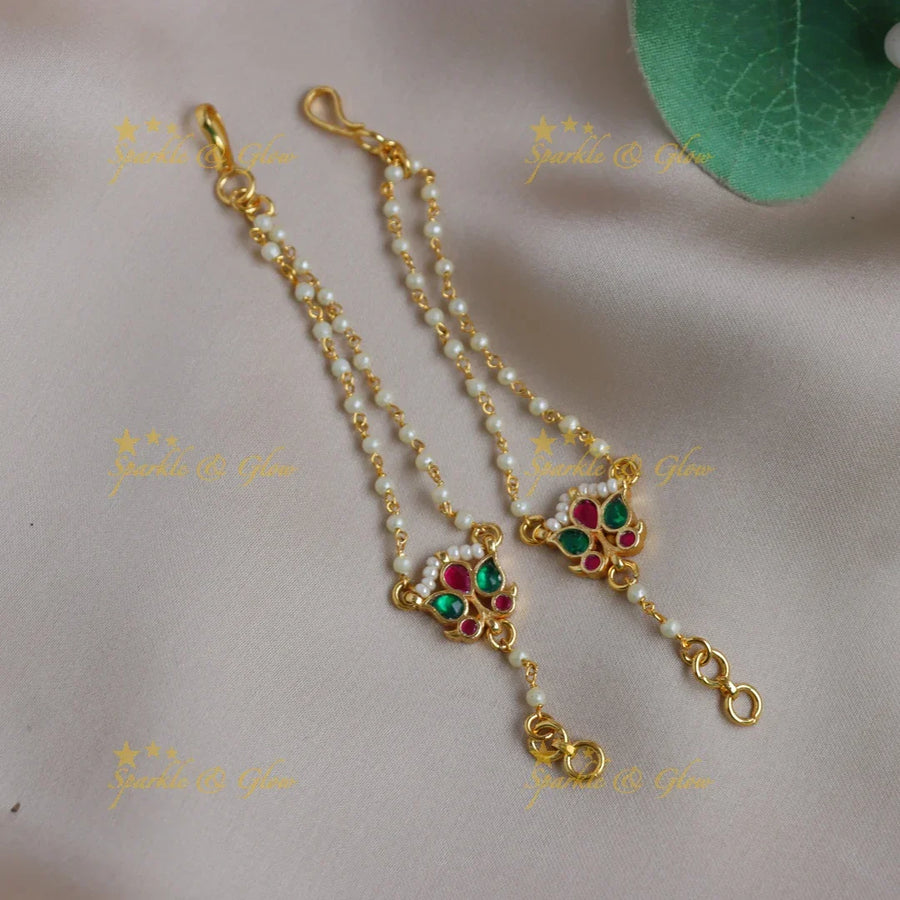 Stunning Jadau Kundan Double-Layer Pearl Ear Chain with Red & Green Stones - Sparkle and Glow