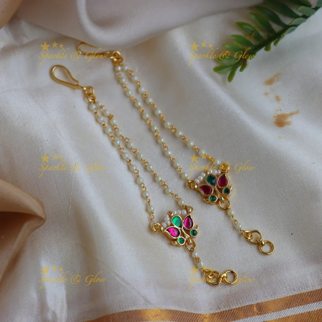 Stunning Jadau Kundan Double-Layer Pearl Ear Chain with Red & Green Stones - Sparkle and Glow