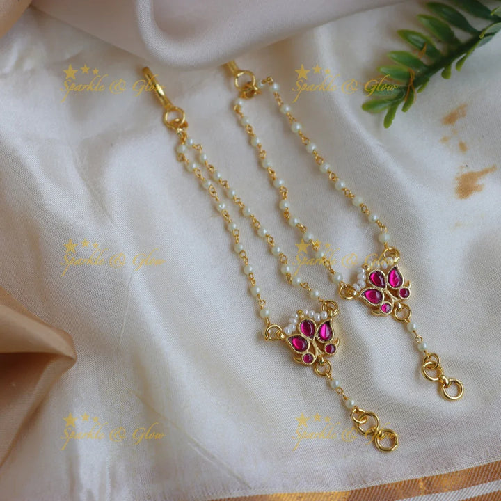 Stunning Jadau Kundan Double-Layer Pearl Ear Chain with Red & Green Stones - Sparkle and Glow