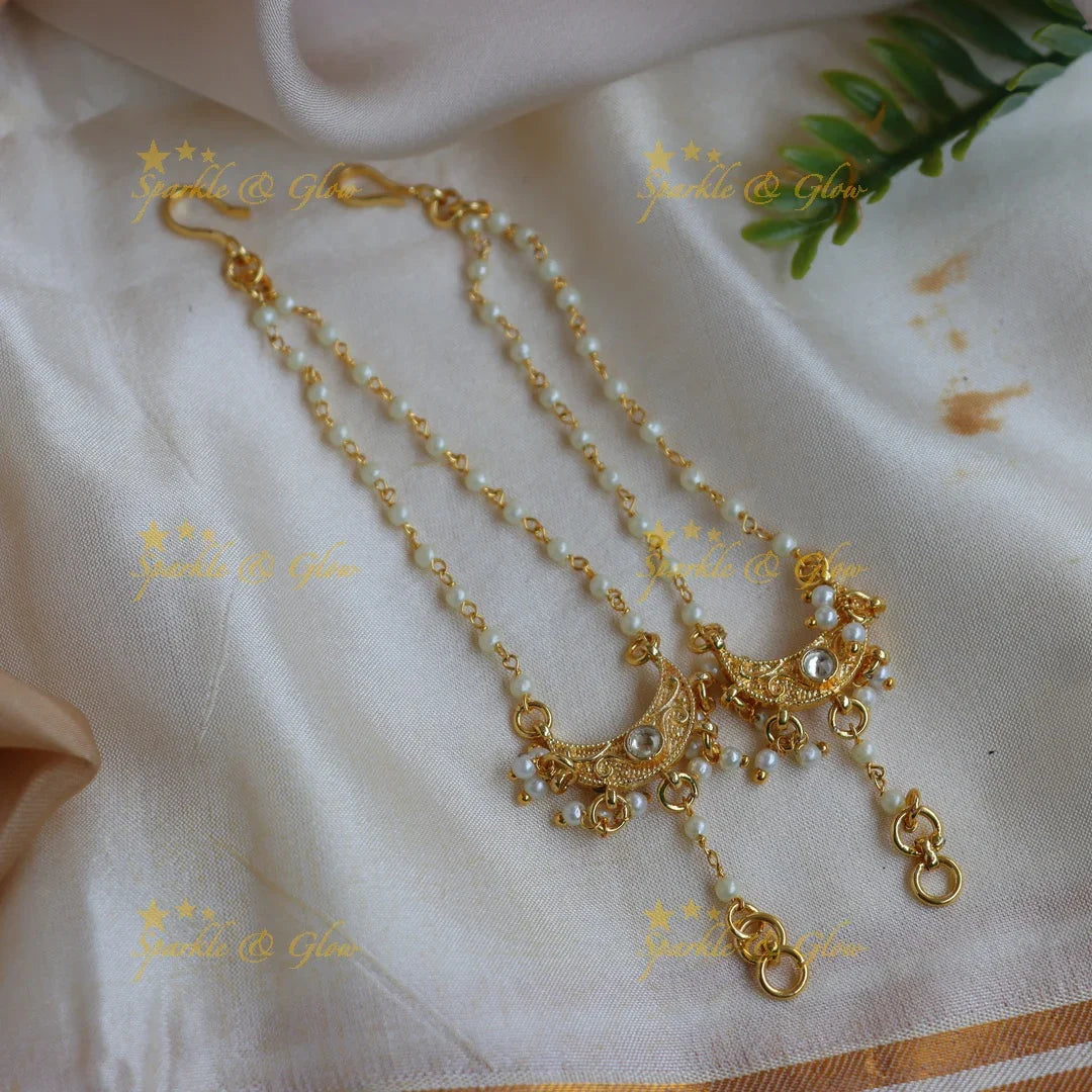 Elegant Jadau Kundan Crescent Motif Pearl Ear Chain with White Stones - Sparkle and Glow
