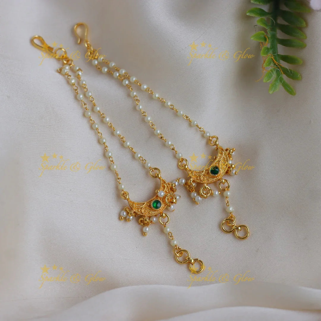 Elegant Jadau Kundan Crescent Motif Pearl Ear Chain with White Stones - Sparkle and Glow