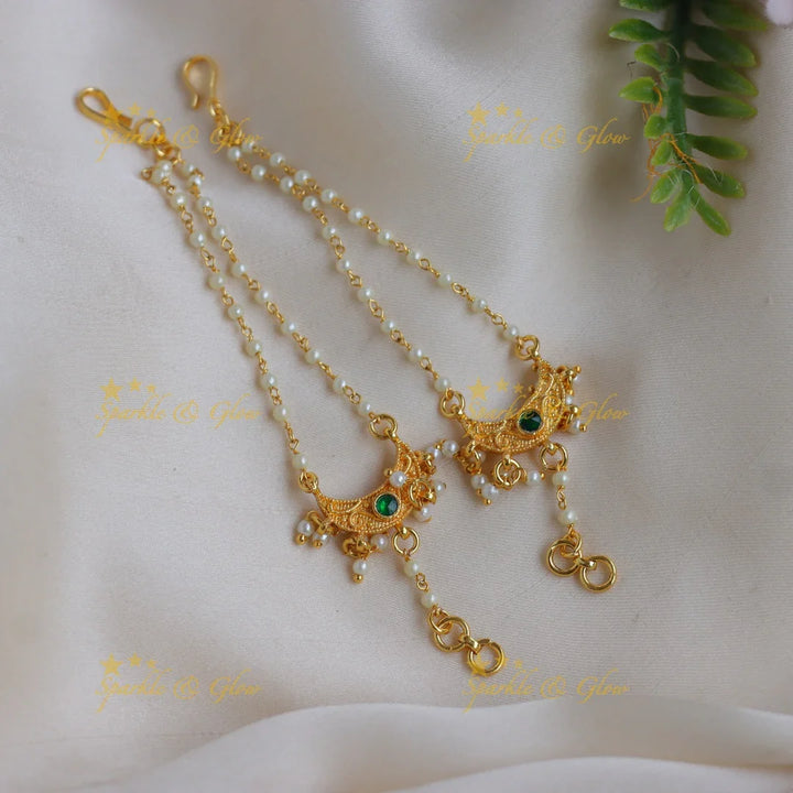 Elegant Jadau Kundan Crescent Motif Pearl Ear Chain with White Stones - Sparkle and Glow