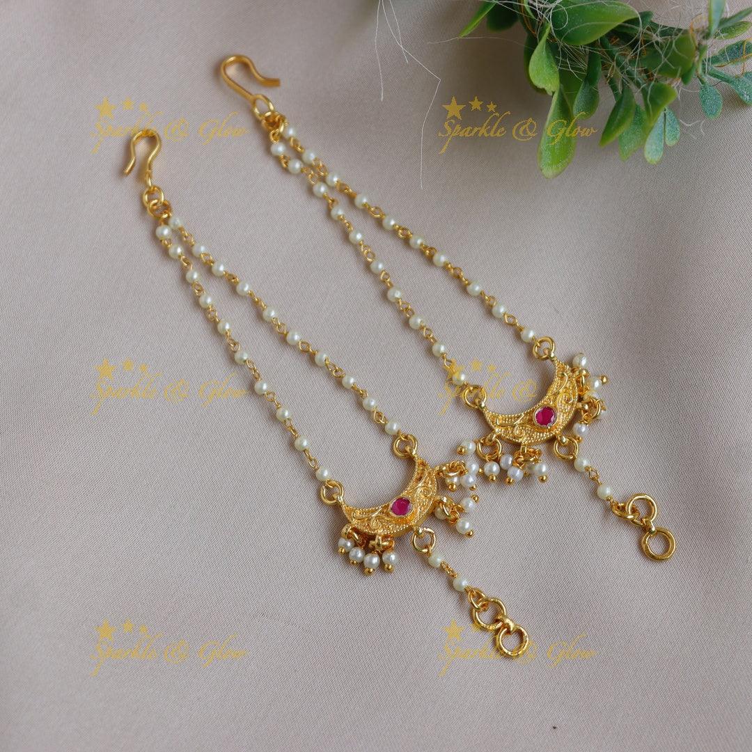 Elegant Jadau Kundan Crescent Motif Pearl Ear Chain with White Stones - Sparkle and Glow