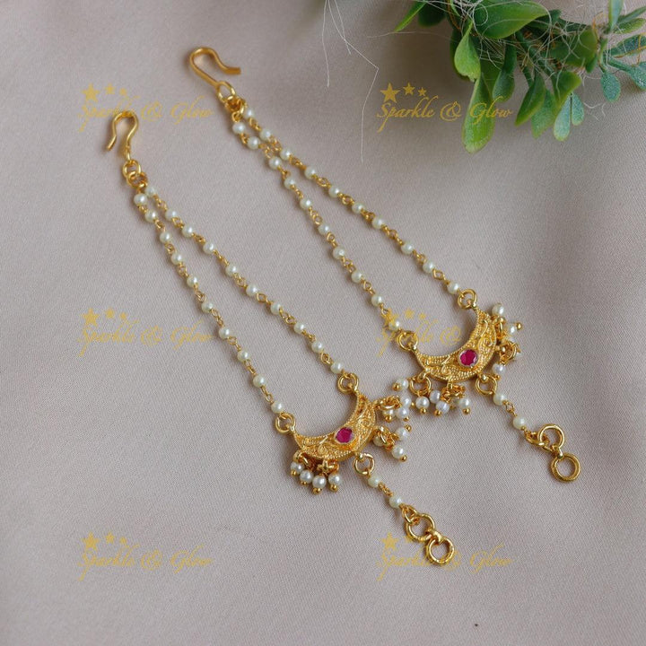 Elegant Jadau Kundan Crescent Motif Pearl Ear Chain with White Stones - Sparkle and Glow