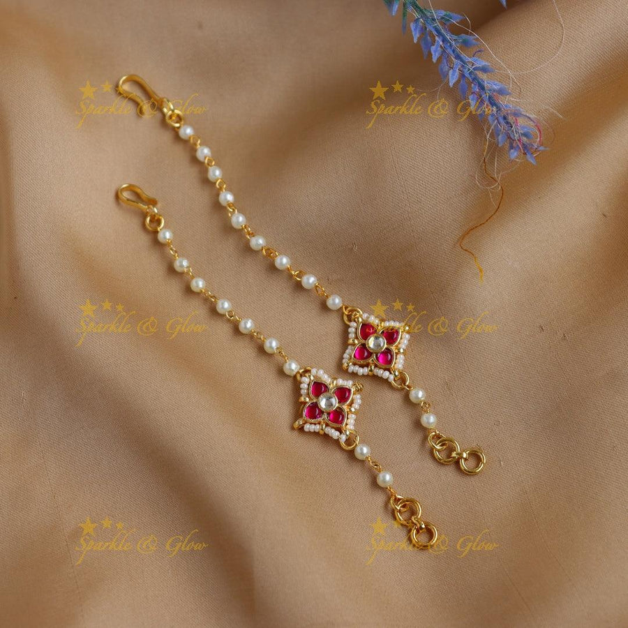 Elegant Jadau Kundan Square Floral Kundan Ear Chain with Pearls - Sparkle and Glow