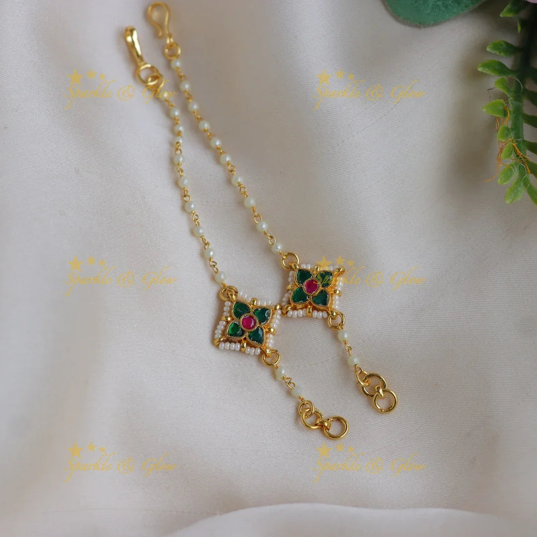 Elegant Jadau Kundan Square Floral Kundan Ear Chain with Pearls - Sparkle and Glow