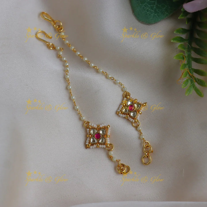 Elegant Jadau Kundan Square Floral Kundan Ear Chain with Pearls - Sparkle and Glow