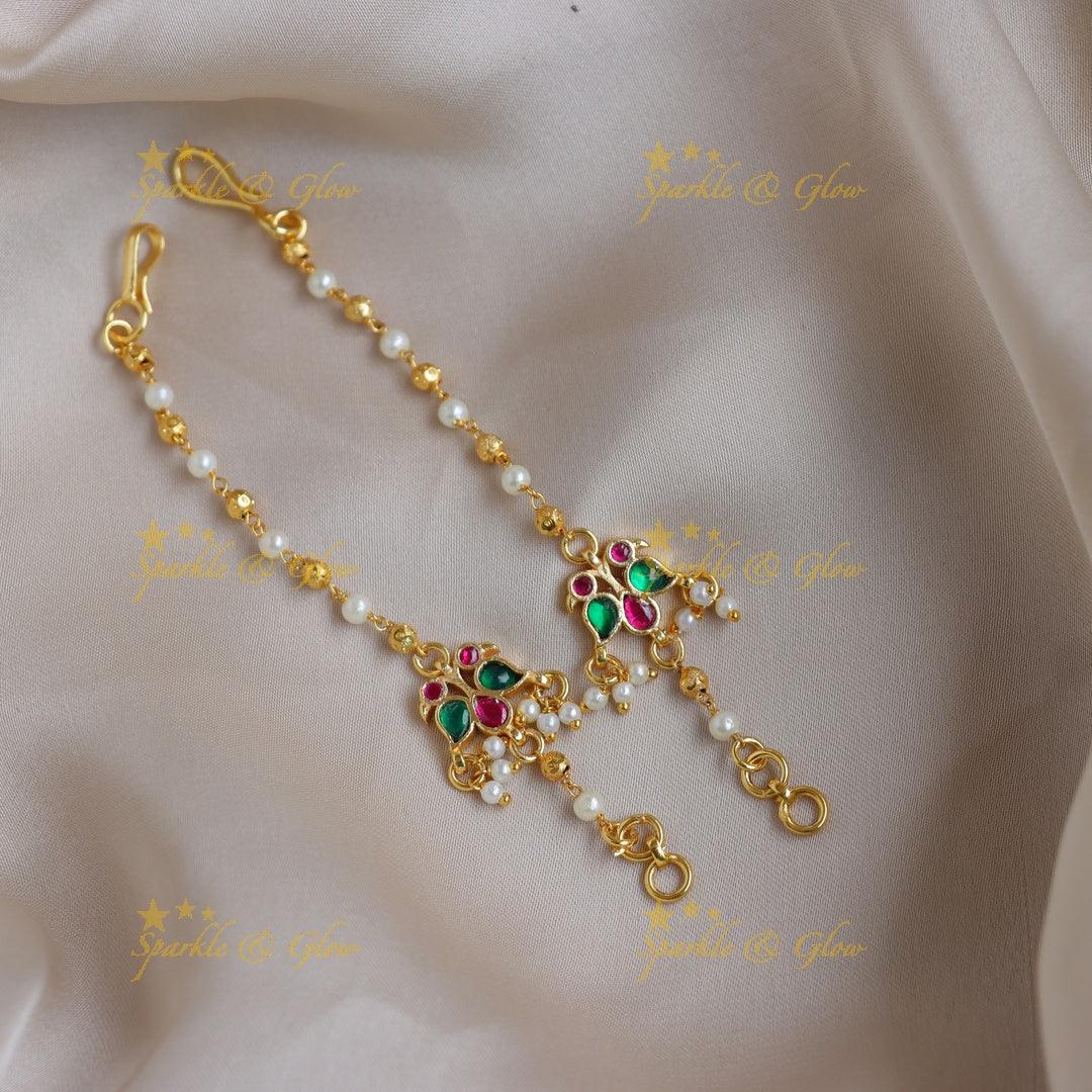 Traditional Jadau Kundan Floral Red & Green Stone Pearl Ear Chain - Sparkle and Glow