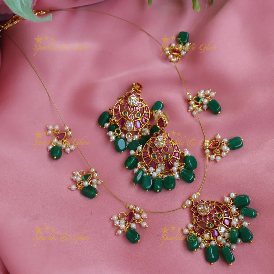 Elegant Kemp Moon floral Invisible Short necklace with green beads - Sparkle and Glow