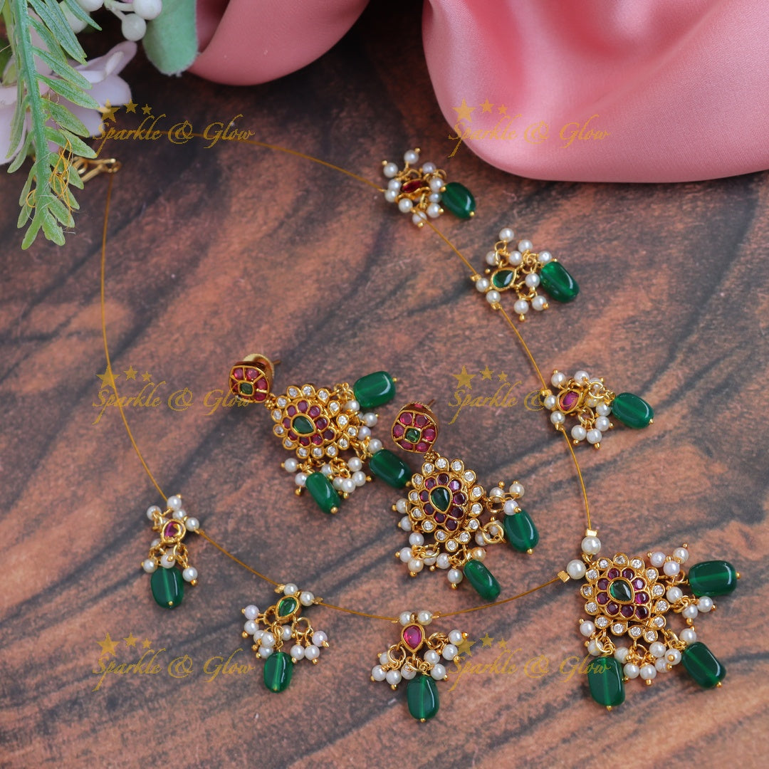 Traditional Kemp stones & Beaded Invisible Necklace Set with Earrings