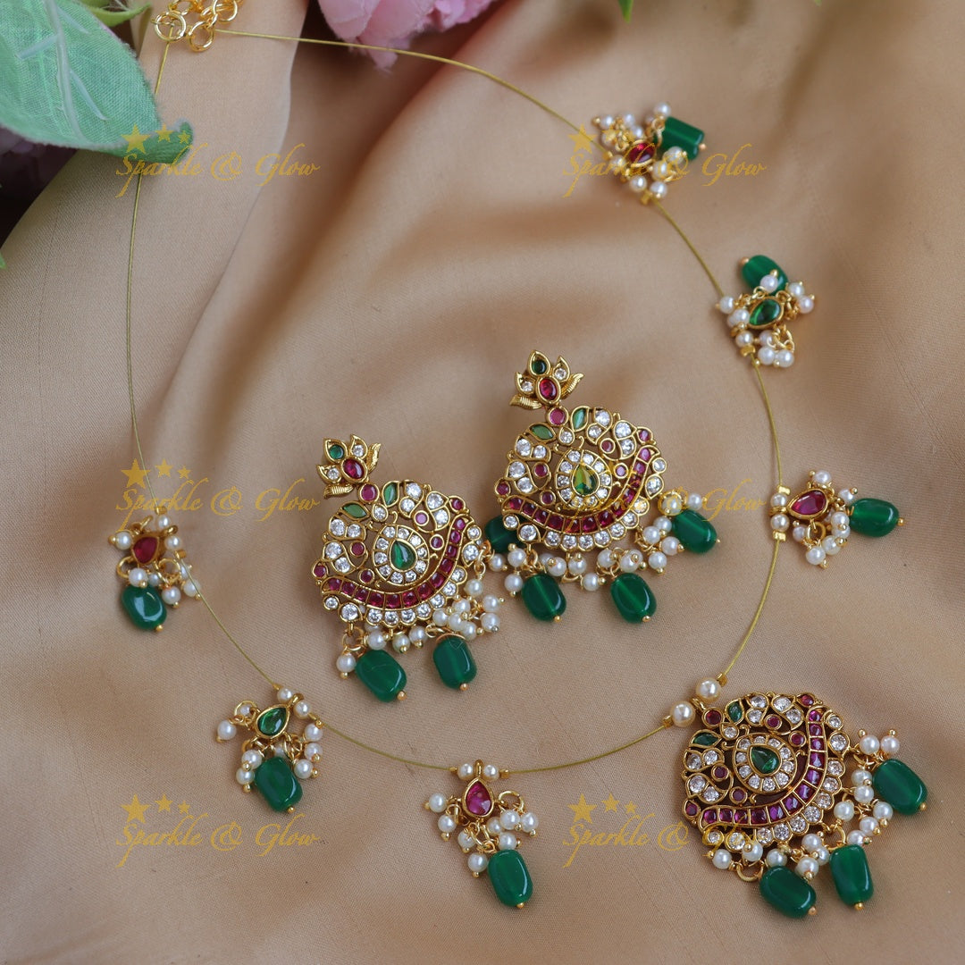 Elegant Semi-Circular Kemp Invisible Necklace Set with Green Beads & Pearls