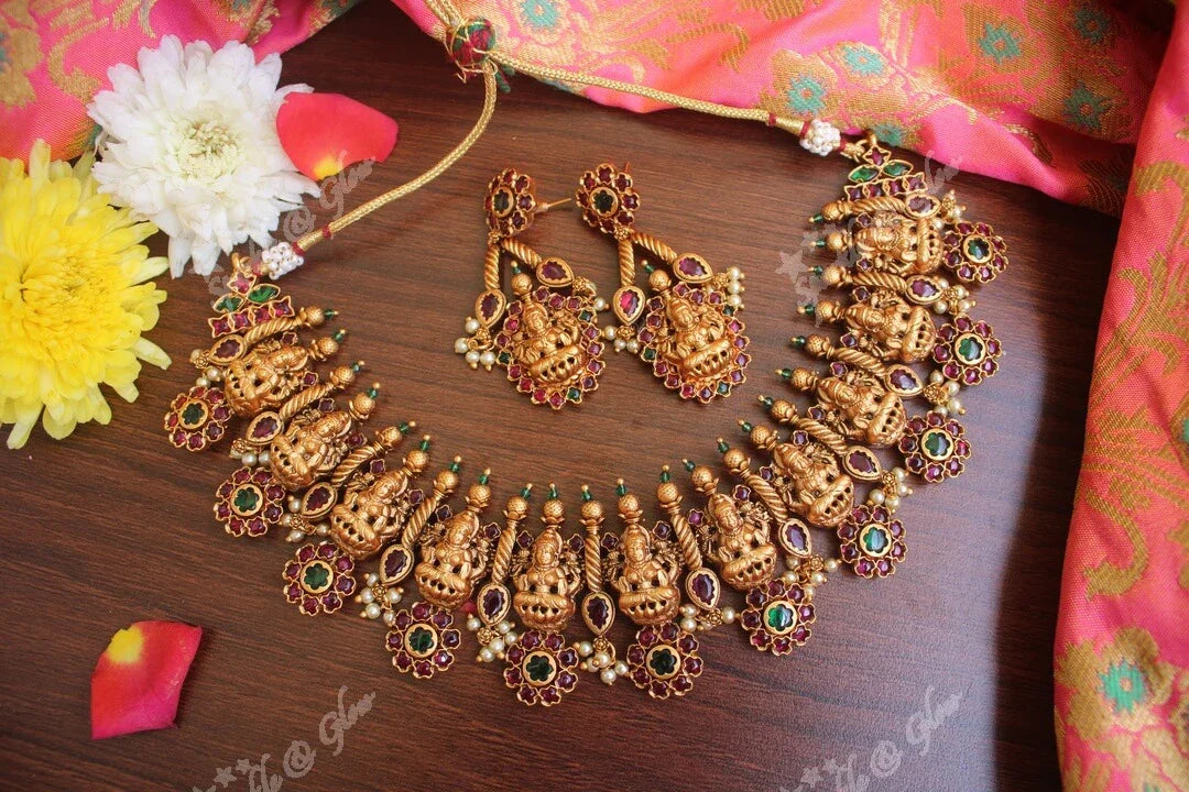 Gold alike polished lakshmi necklace with flower studs made in real kemp stones - Sparkle and Glow