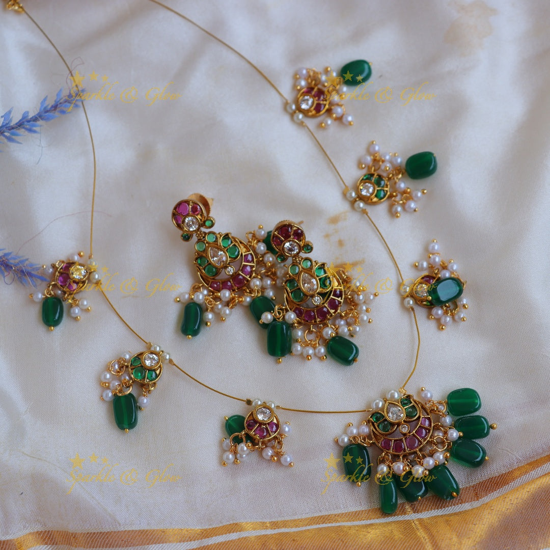 Elegant Peacock Style Kemp invisible Necklace Set with Green Beads