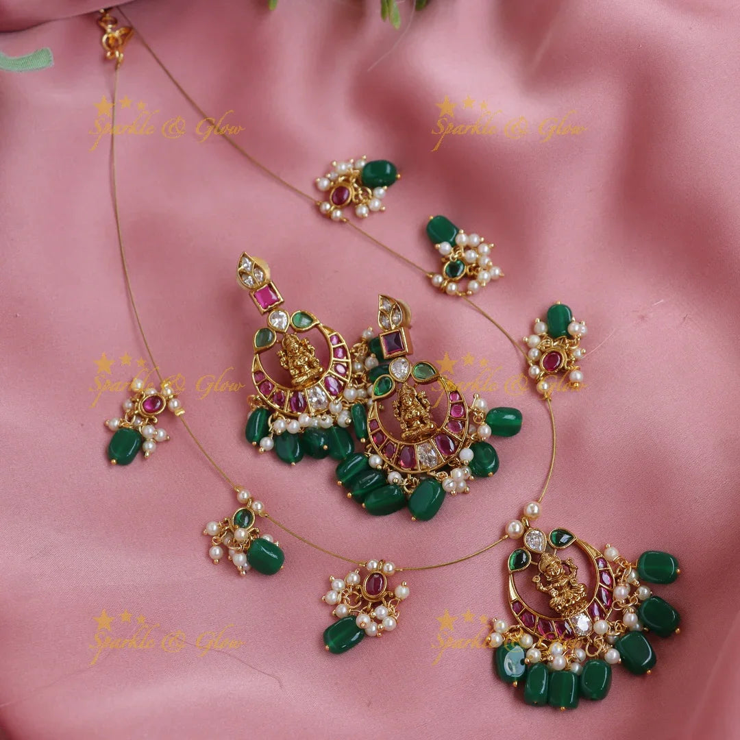 Elegant Lakshmi Motif Kemp Invisible Necklace Set with Green Beads - Sparkle and Glow