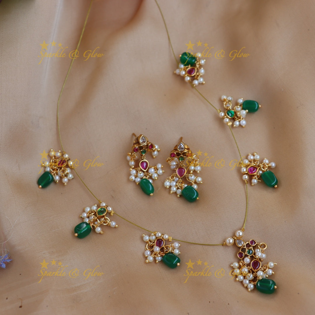 Elegant Kemp Floral Invisible Necklace Set with Pearls & Green Beads