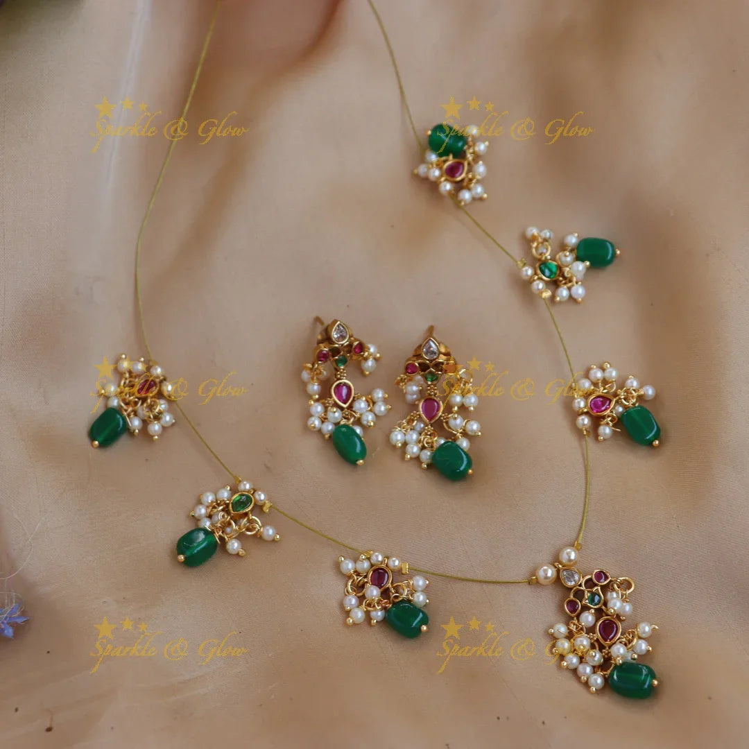 Elegant Kemp Floral Invisible Necklace Set with Pearls & Green Beads - Sparkle and Glow