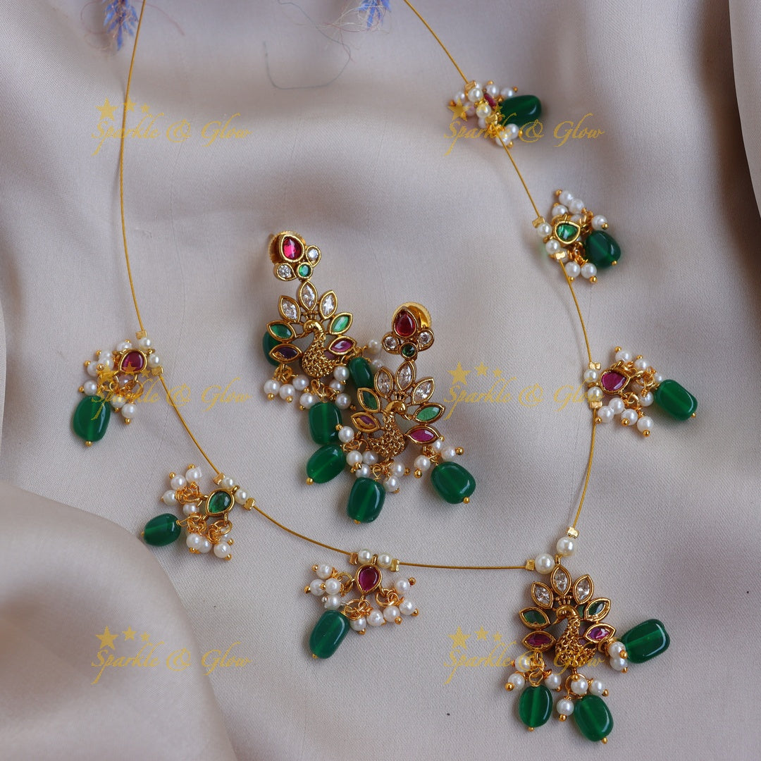 Stunning Peacock Design Kemp invisible Necklace Set with Green Beads