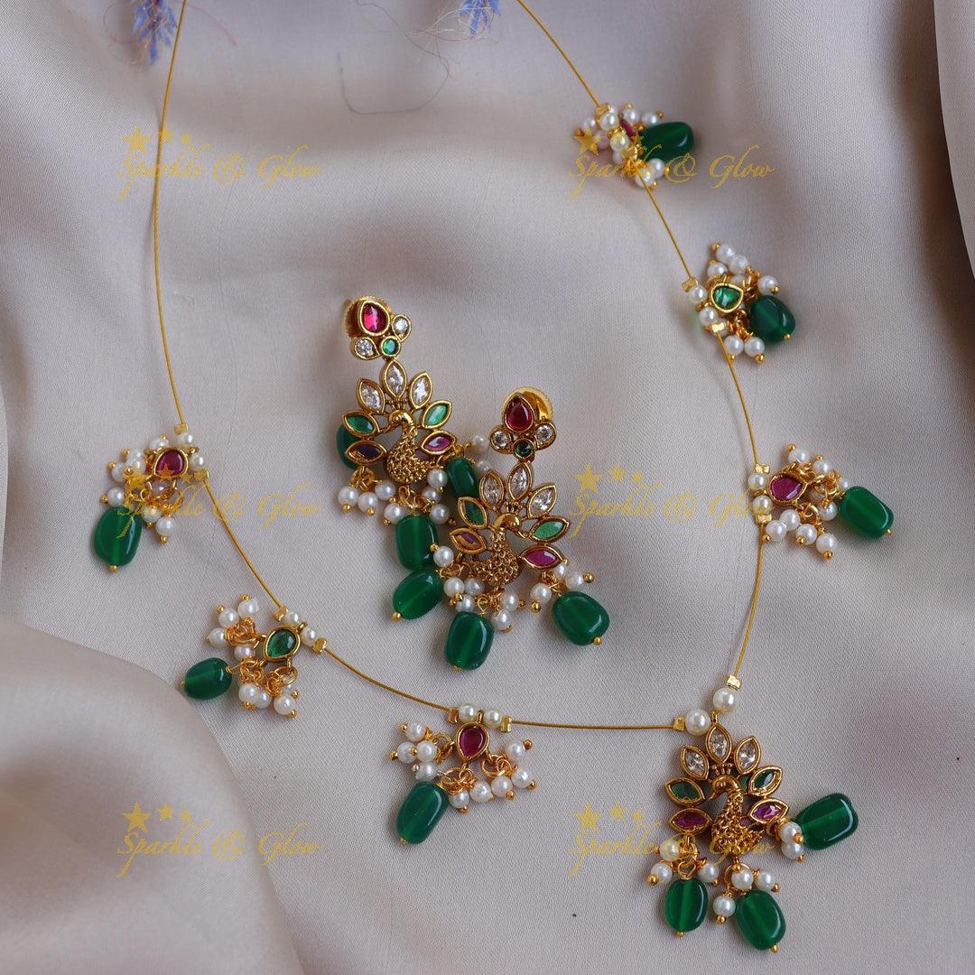 Stunning Peacock Design Kemp invisible Necklace Set with Green Beads - Sparkle and Glow