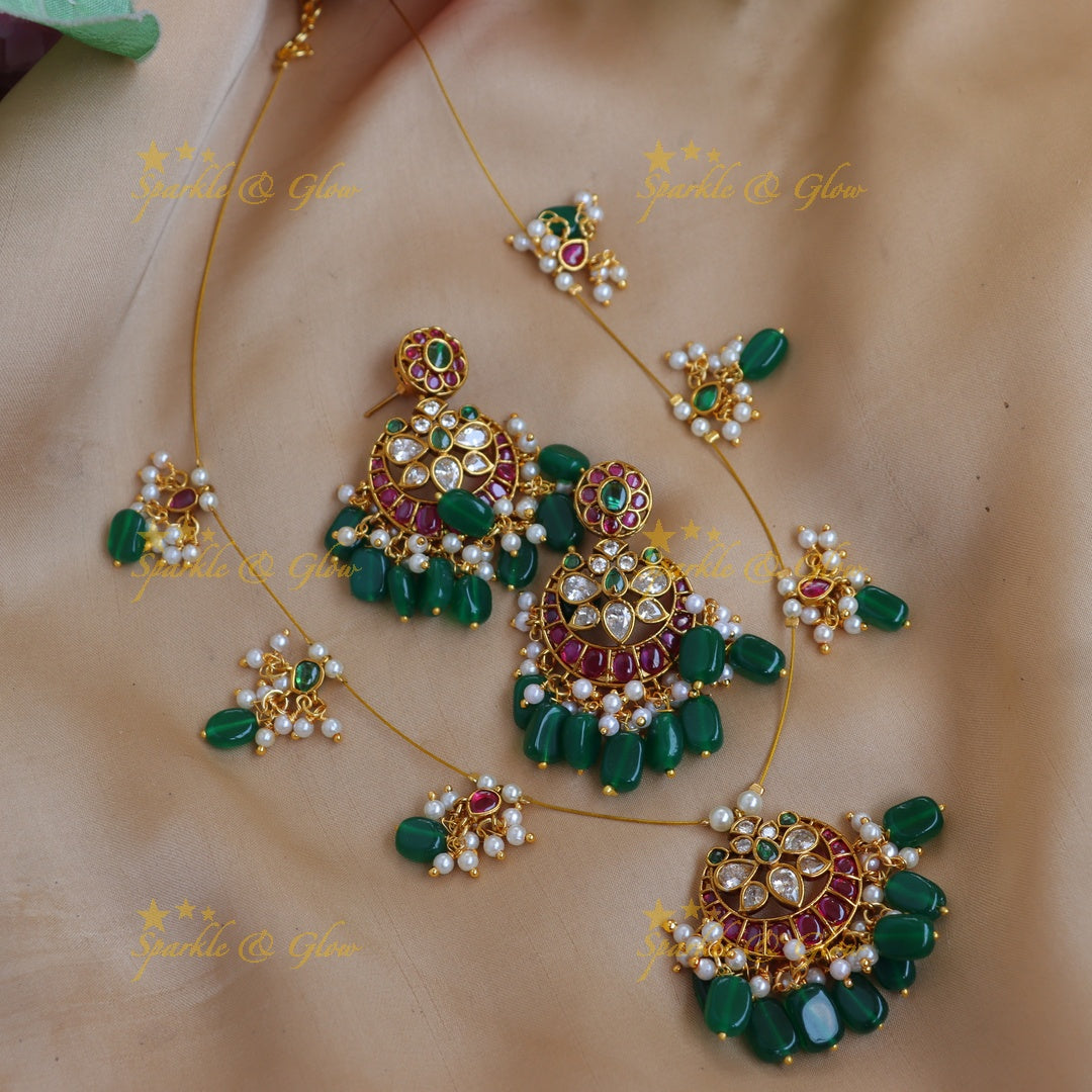 Grand Kemp Chandbali Invisible Necklace Set with Green Beads