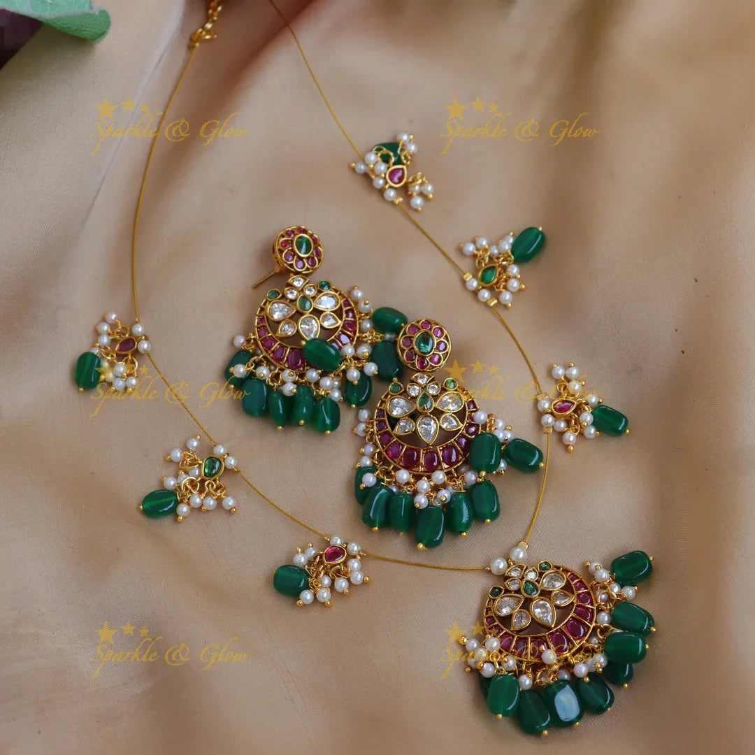 Grand Kemp Chandbali Invisible Necklace Set with Green Beads - Sparkle and Glow