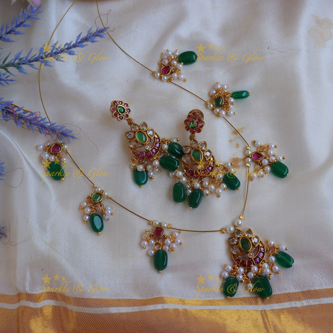 Stunning Floral Kemp stone Invisible Necklace Set with Green Beads & Pearls