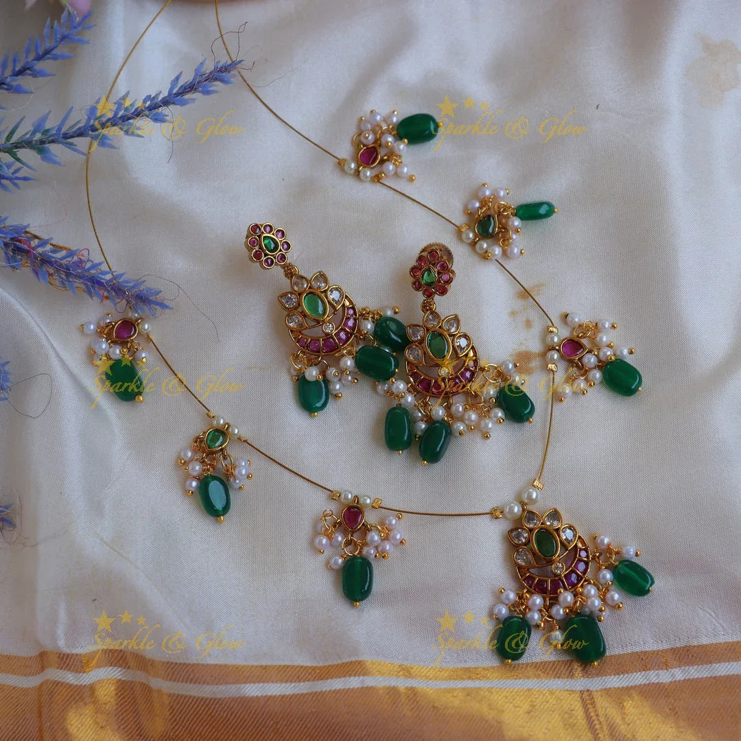 Stunning Floral Kemp stone Invisible Necklace Set with Green Beads & Pearls - Sparkle and Glow