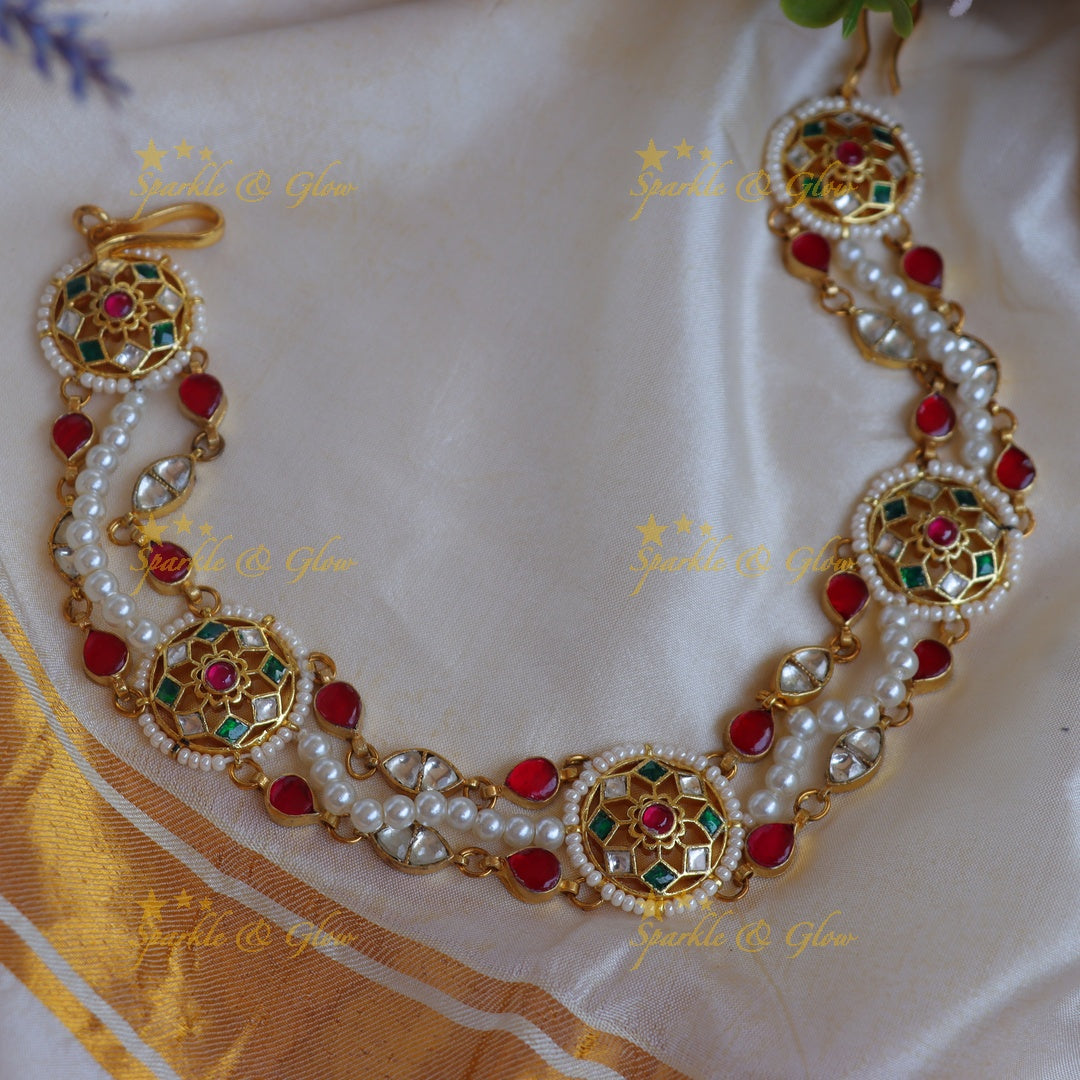 Elegant Jadau Red & Green Meenakari Sheeshphool with Kundan Floral Motifs and Pearl Accents